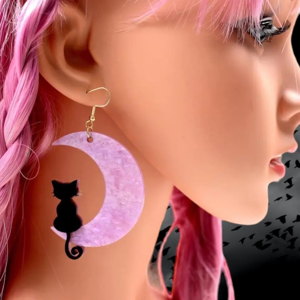 Witchy Moon Black Cat Star Acrylic Glitter Earrings - Picture 6 of 8